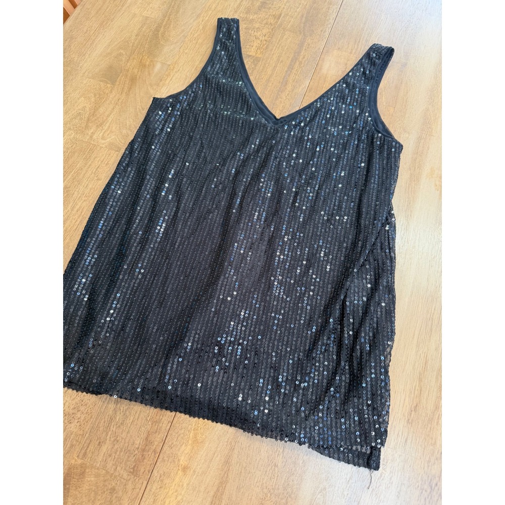 Vine & Love Black Sequin V-Neck Tank Top Sleeveless Party Blouse VT81816 Small